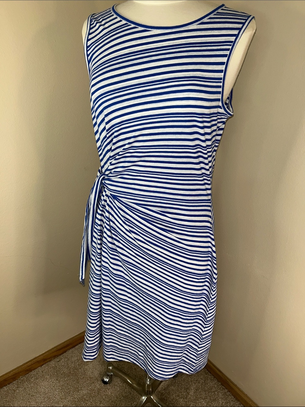 Talbots White and Blue Striped Sleeveless Asymmetrical Tie Dress